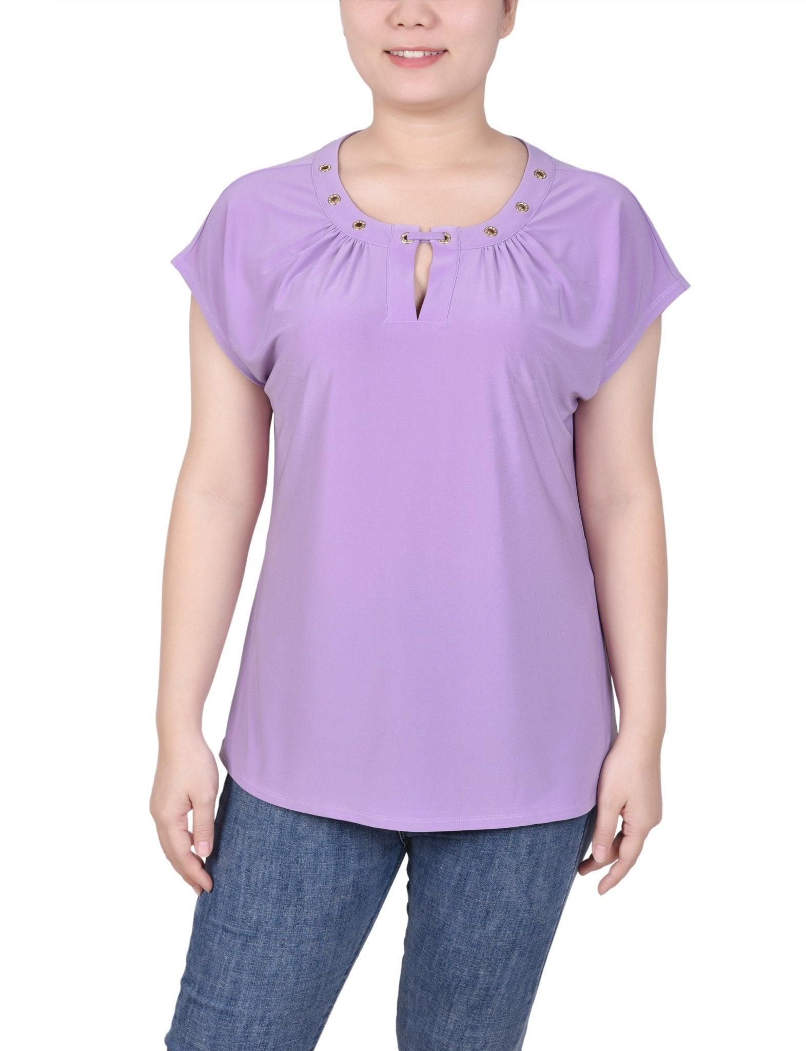 Short Extended-Sleeve Grommet Neck Knit Top - Petite Product Image