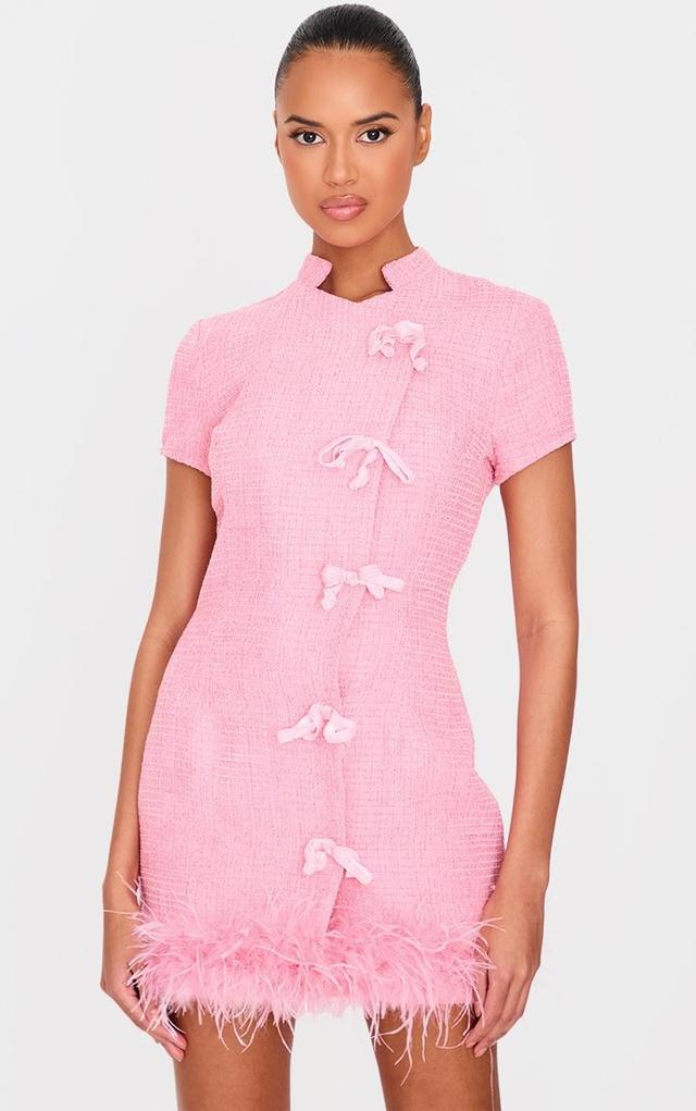 Pink Glitter Boucle Feather Trim Mini Dress Product Image