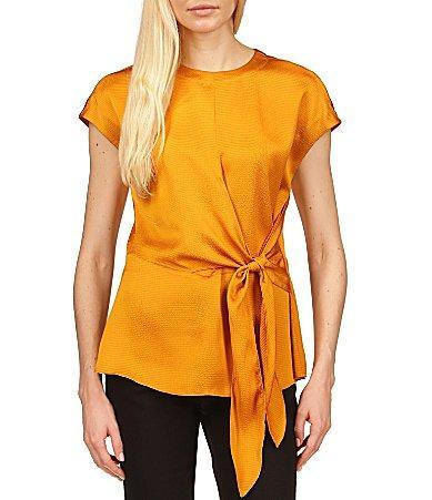 MICHAEL Michael Kors Crew Neck Tie Waist Short Sleeve Blouse Product Image