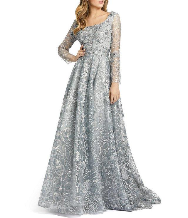 Mac Duggal Long Sleeve Fully Lined Scoop Neck Floral Beaded Gown Product Image