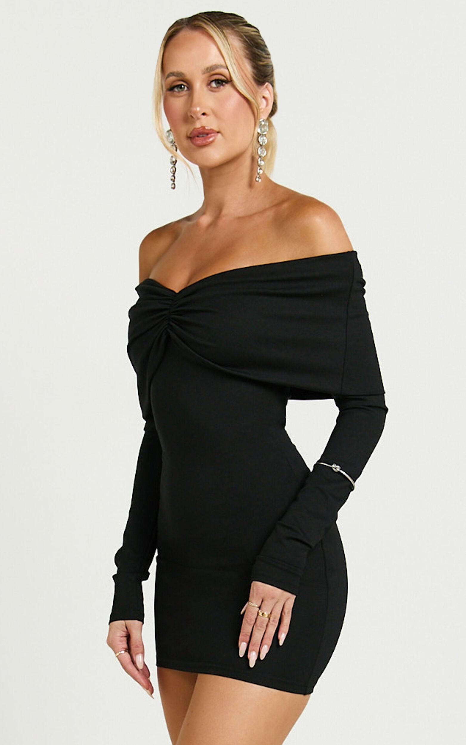 Rani Mini Dress - Off Shoulder Long Sleeve Bodycon Dress in Black Product Image