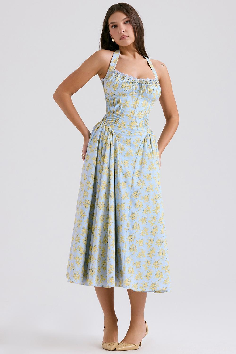 Adabella Soft Blue Vintage Floral Print Cotton Halter Sundress Product Image