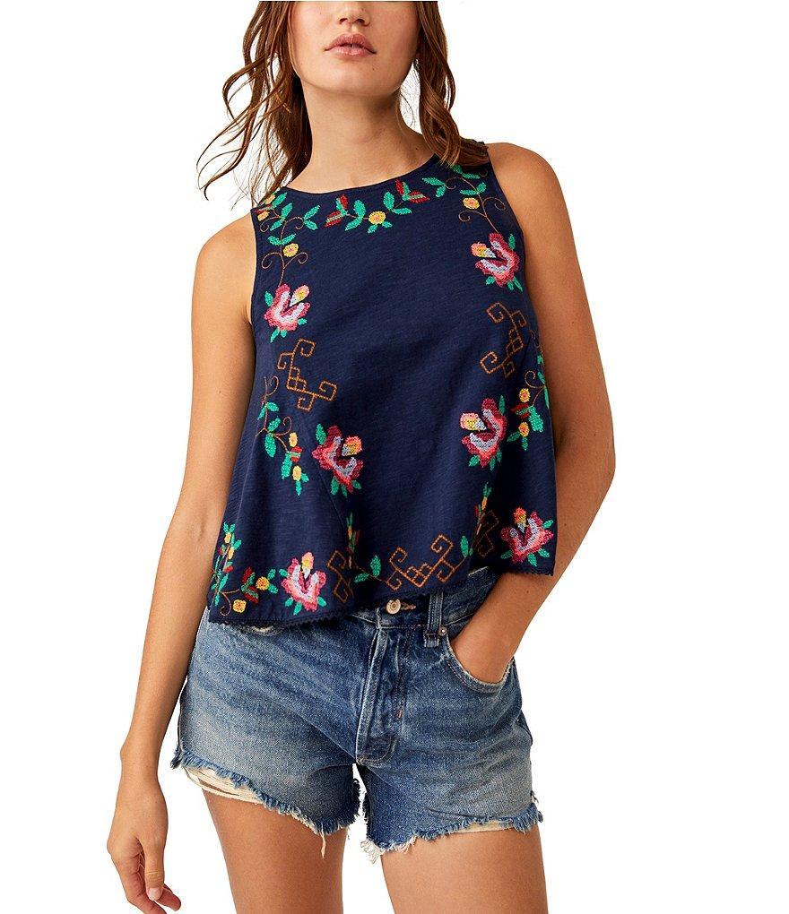 Free People Fun And Flirty Floral Embroidery Boat Neck Sleeveless Top Product Image