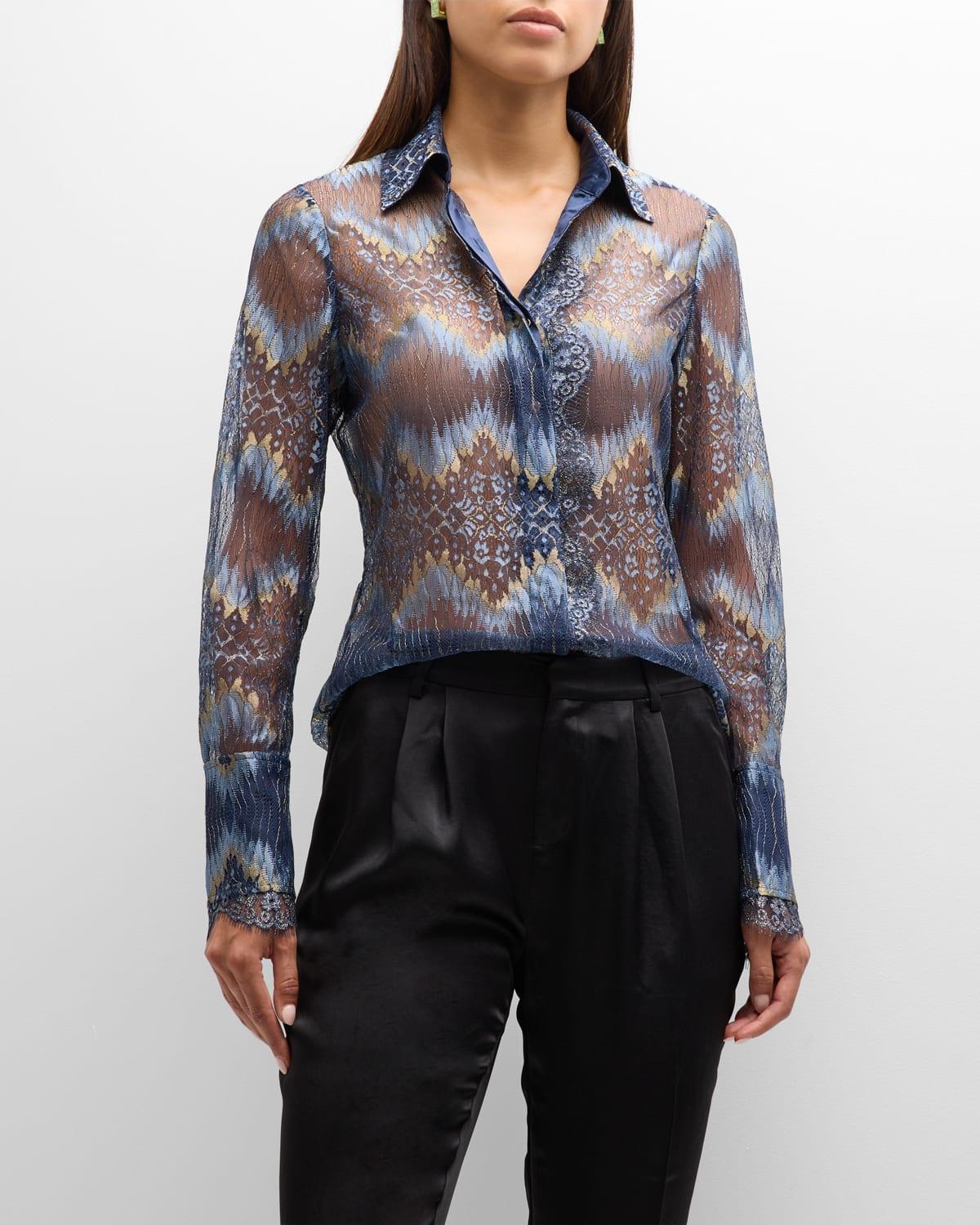 Ramy Brook Nora Print Metallic Sheer Blouse Product Image