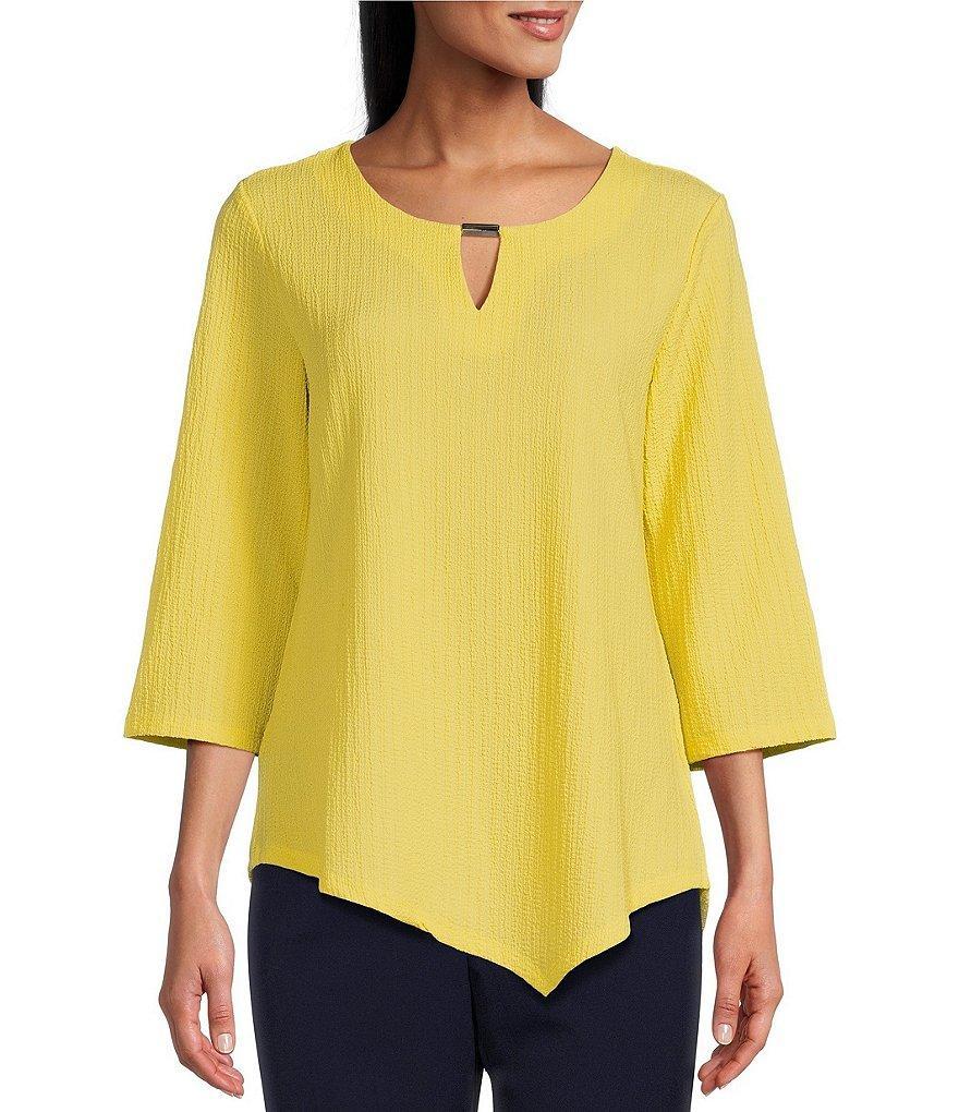 Allison Daley Petite Size 3/4 Sleeve Keyhole Neck Asymmetric Hem Crinkle Knit Top Product Image