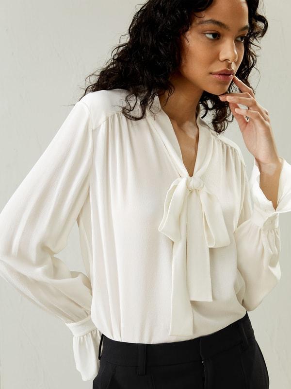 Silk V-neck Ribbon Blouse Product Image