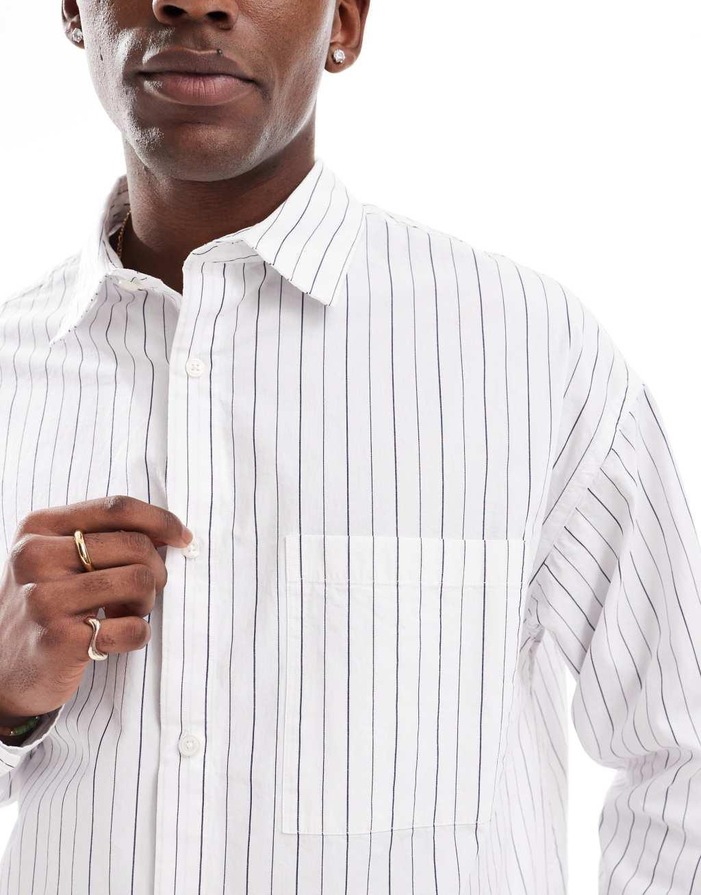 Pull&Bear long sleeve boxy fit stripe shirt in white Product Image