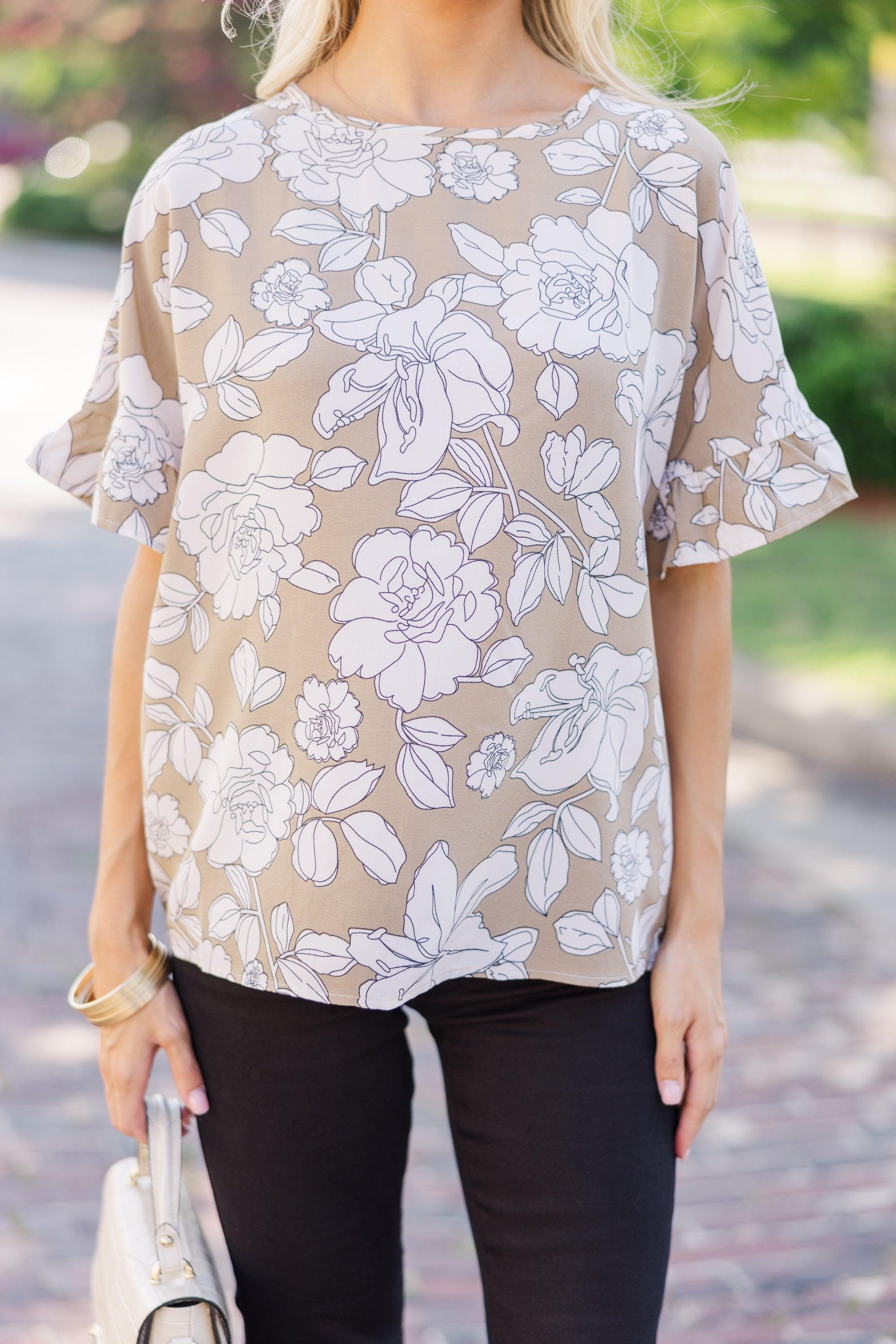 All I Ask Taupe Floral Ruffled Top Female Product Image