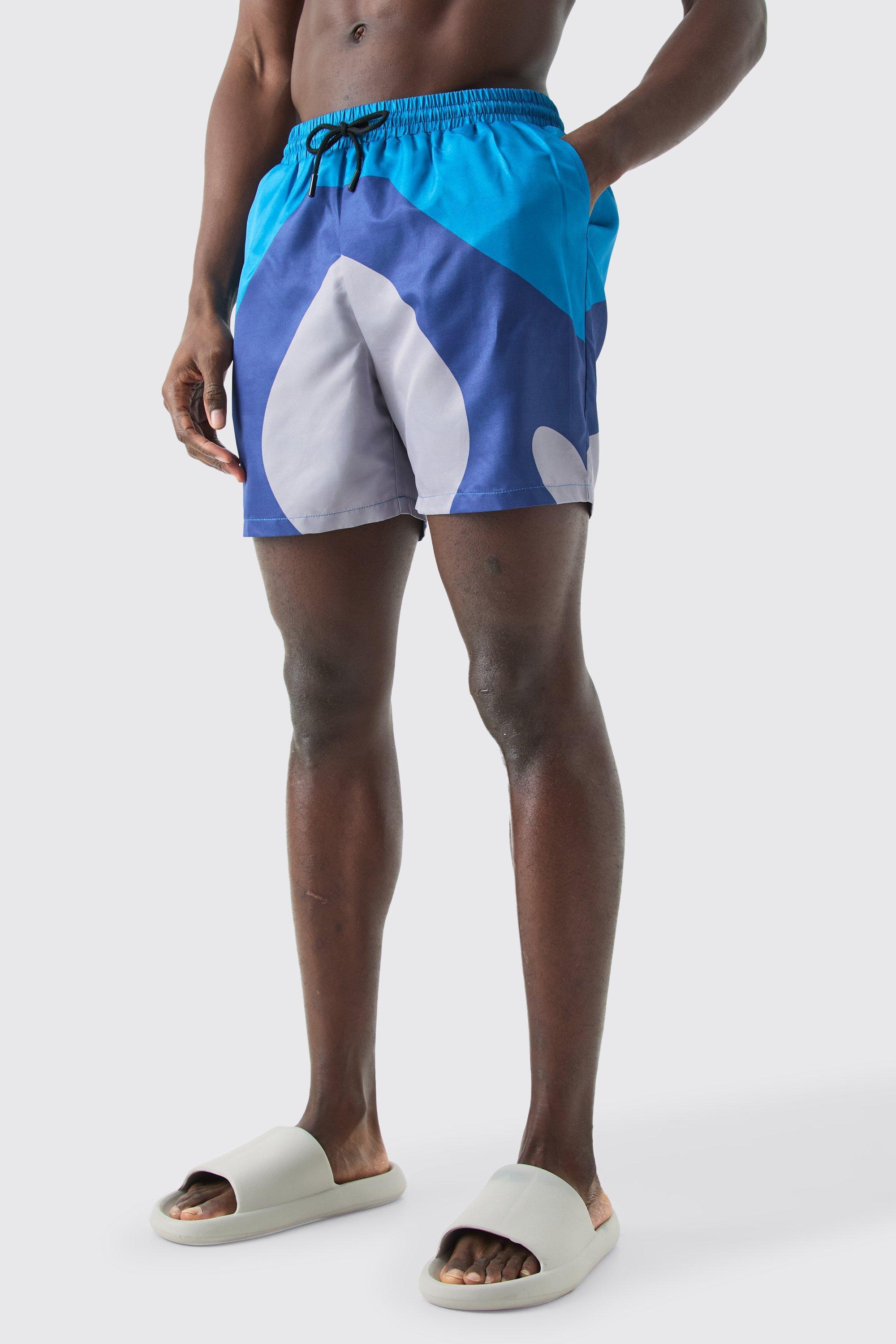 Mid Length Colour Block Retro Swim Trunks | boohooMAN USA Product Image