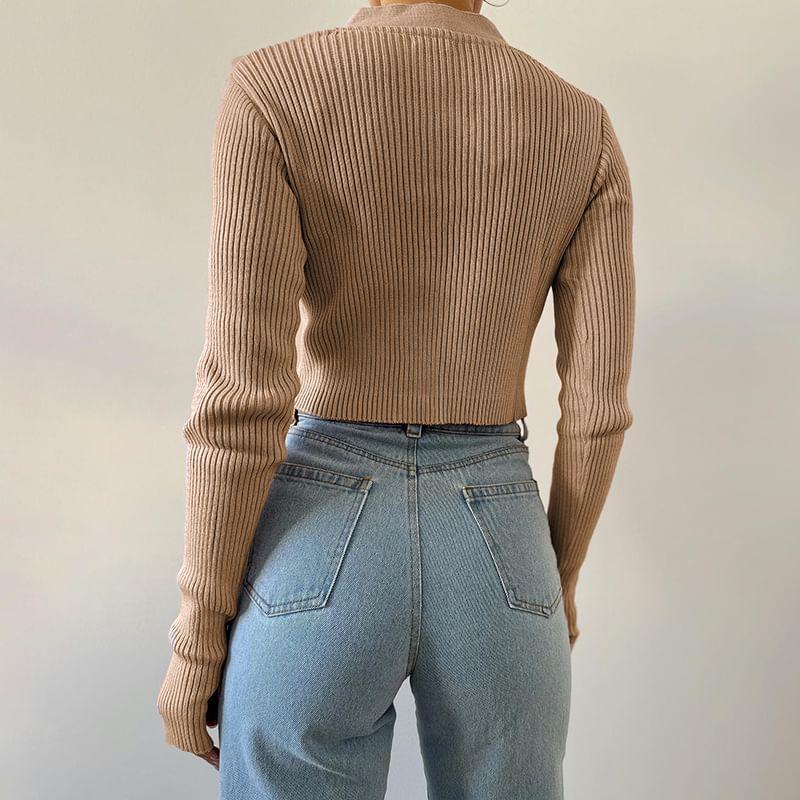 Long Sleeve V-Neck Plain Ribbed-Knit Slim-Fit Crop Cardigan Product Image