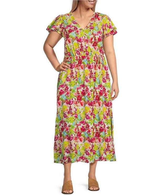 Westbound Plus Size Floral Double Flutter Short Sleeve V-Neck Side Pocket Faux Wrap Maxi Dress Product Image