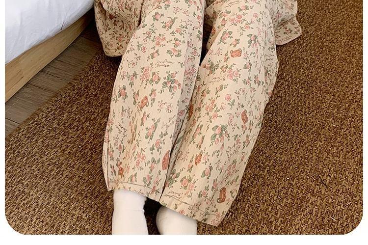 Pajama Set: Long-Sleeve V-Neck Floral Print Embroidered Eyelet Panel Bow Accent Top + Pants Product Image