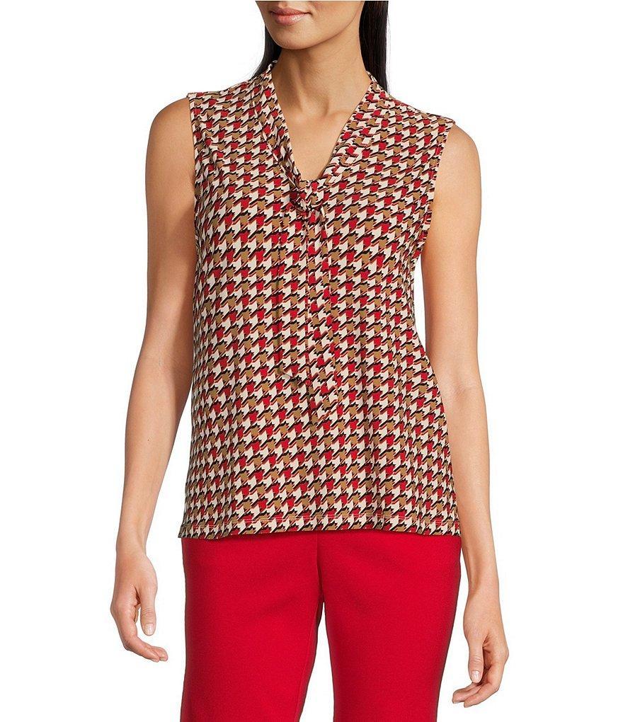 Anne Klein Printed Knit V-Neck Tie Front Sleeveless Blouse Product Image