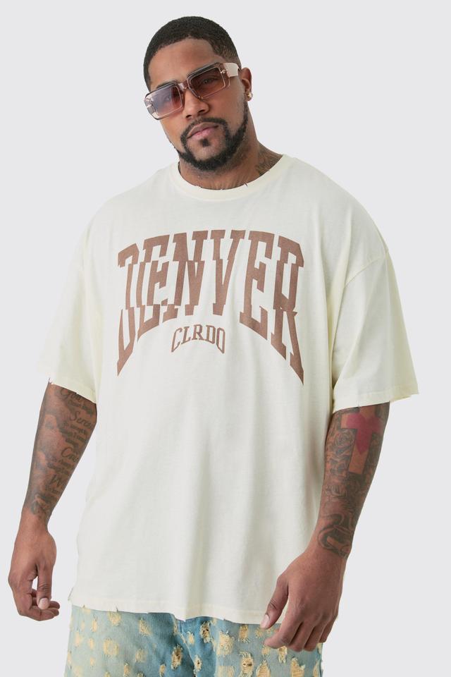 Plus Distressed Oversized Acid Wash Denver Varsity T-shirt | boohooMAN USA Product Image