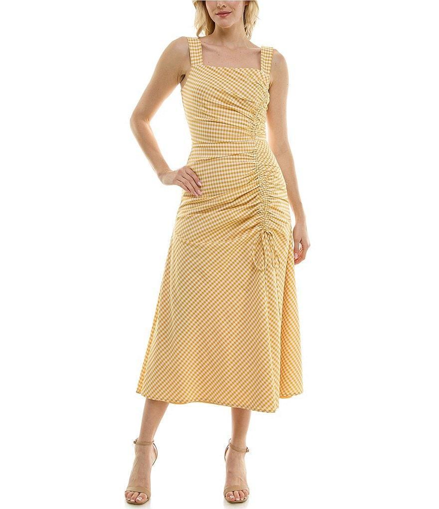 Taylor Gingham Square Neck Sleeveless Side Self Tie Ruched Fit and Flare Midi Dress Product Image