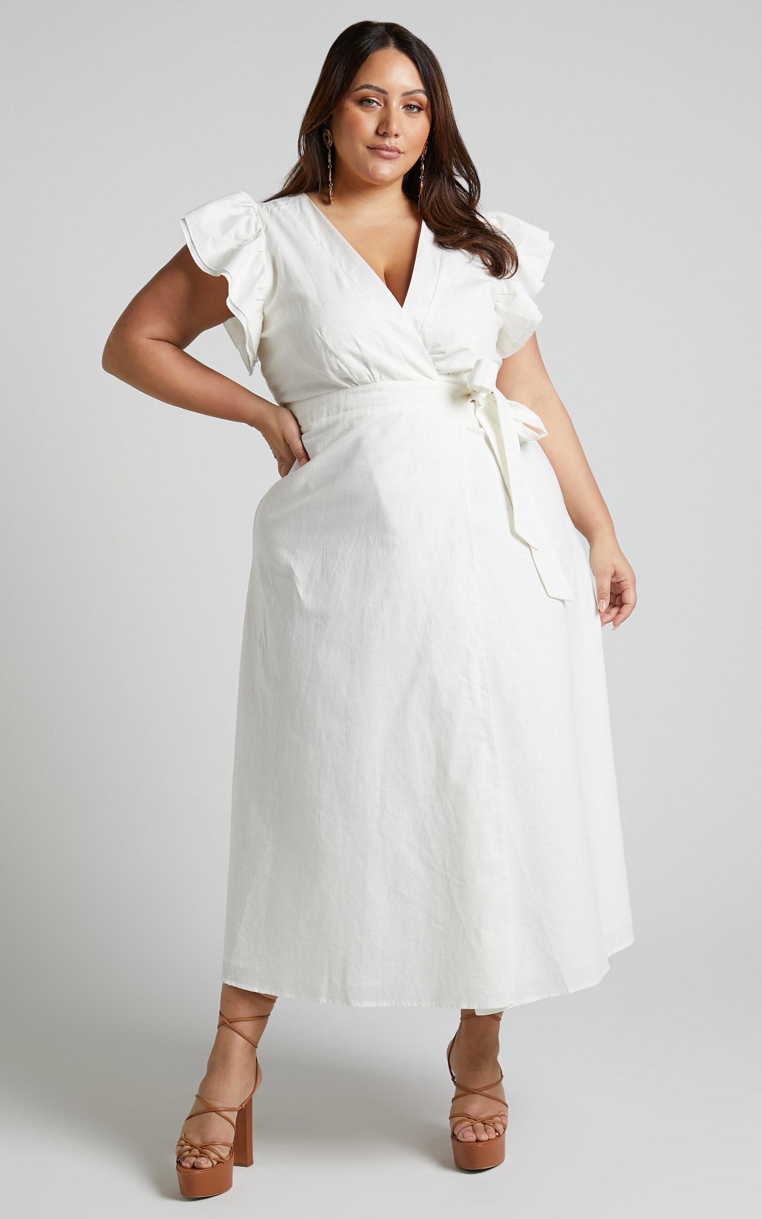 Amalie The Label - Palmer Linen Blend Frill Sleeve Wrap Dress in White Product Image