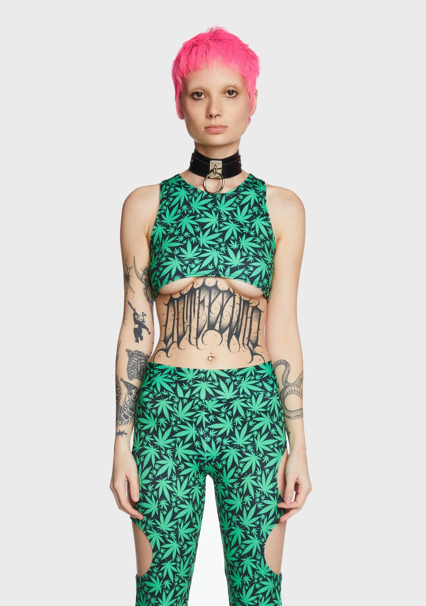 The Lyte Couture Leaf Print Underboob Top - Green/Black Product Image