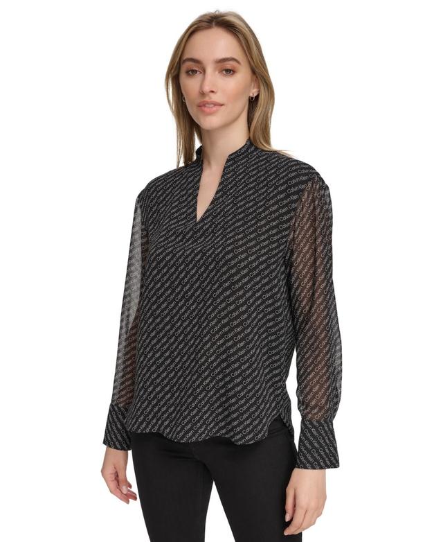 Calvin Klein Womens Chiffon Sleeve Logo Print V-Neck Blouse - Black Product Image