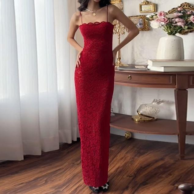 Spaghetti Strap Plain Lace Maxi Sheath Dress Product Image