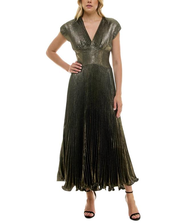 Taylor Womens Metallic V-Neck Cap-Sleeve Pleated Gown - Black Product Image