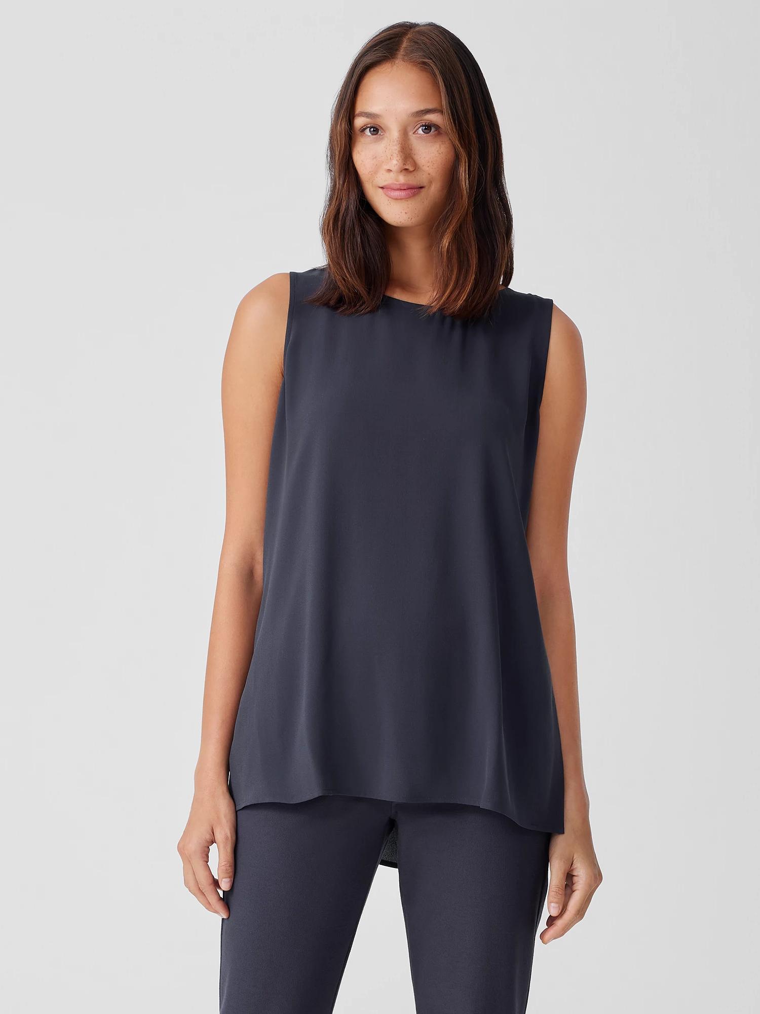 EILEEN FISHER Silk Georgette Crepe Ballet Neck Long Tankfemale Product Image