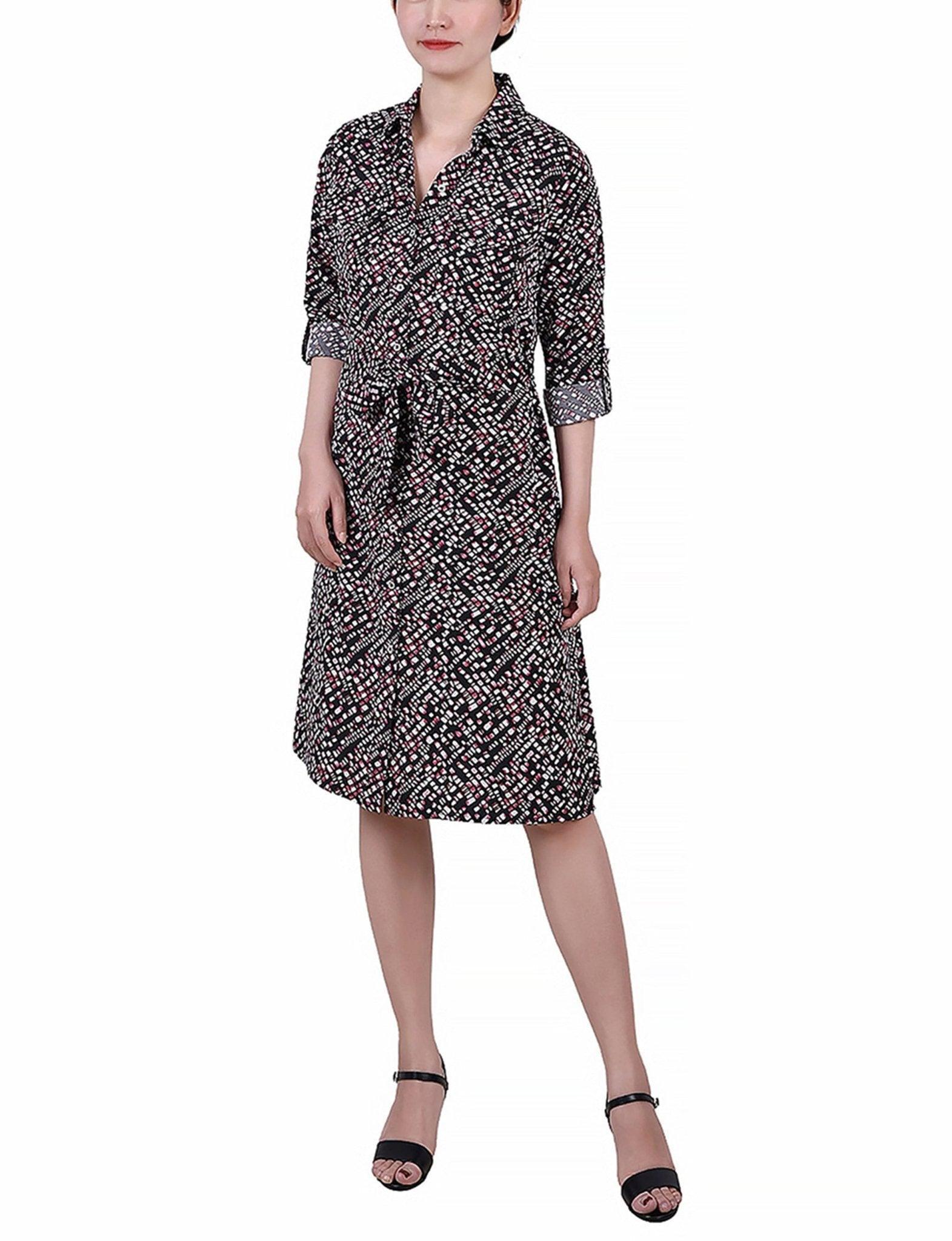 3/4 Length Roll Tab Sleeve Belted Shirtdress - Petite Product Image