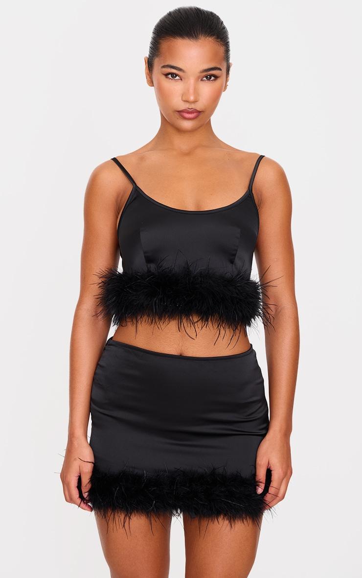 Black Textured Satin Feather Trim Mini Skirt Product Image