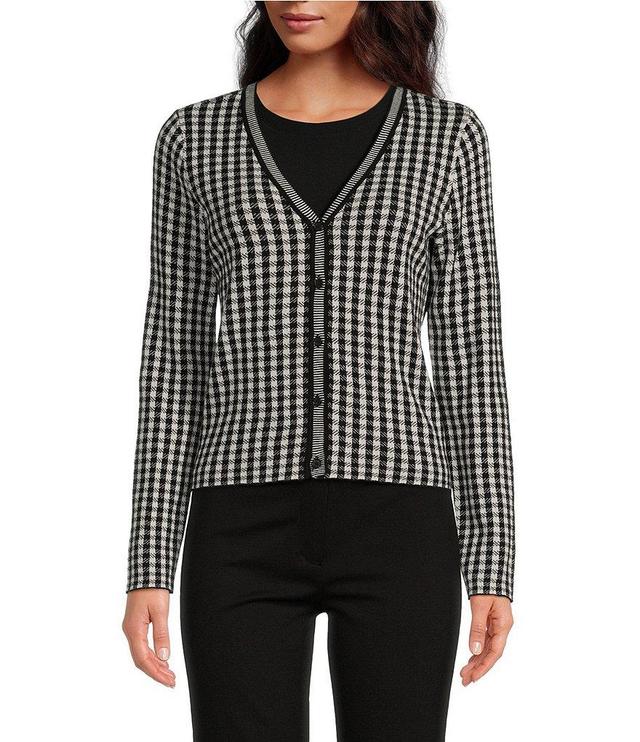 CeCe Gingham Jacquard V-Neck Long Sleeve Button Front Coordinating Cardigan Product Image