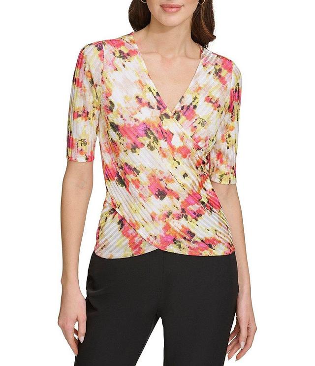 DKNY Printed Surplice V-Neck 3/4 Sleeve Blouse Product Image