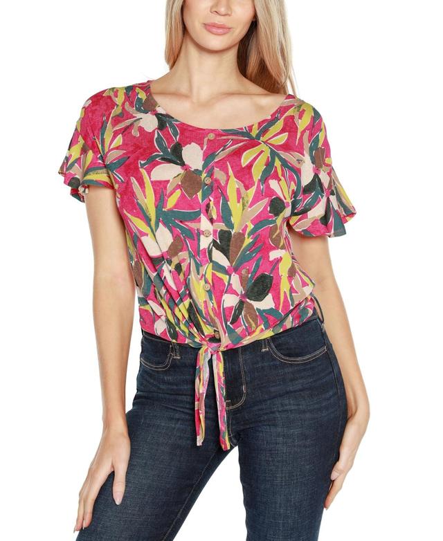 Women's Tie-Hem Flutter-Sleeve Printed Top Product Image