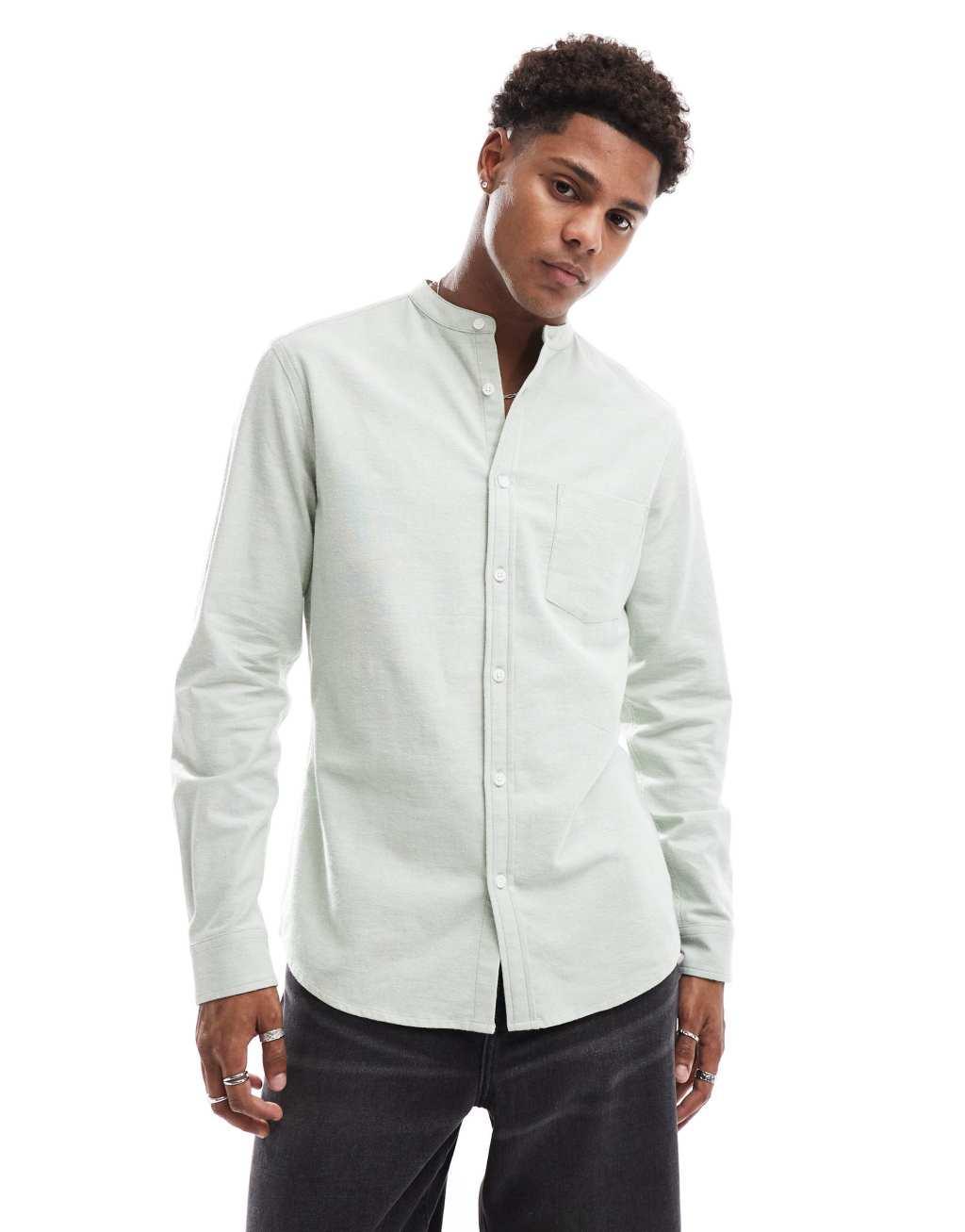 ASOS DESIGN slim oxford shirt with grandad collar in mint green Product Image