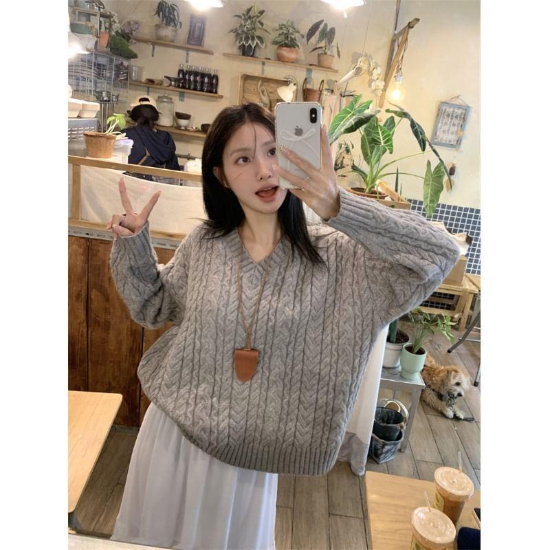 V-Neck Plain Cable Knit Sweater Product Image