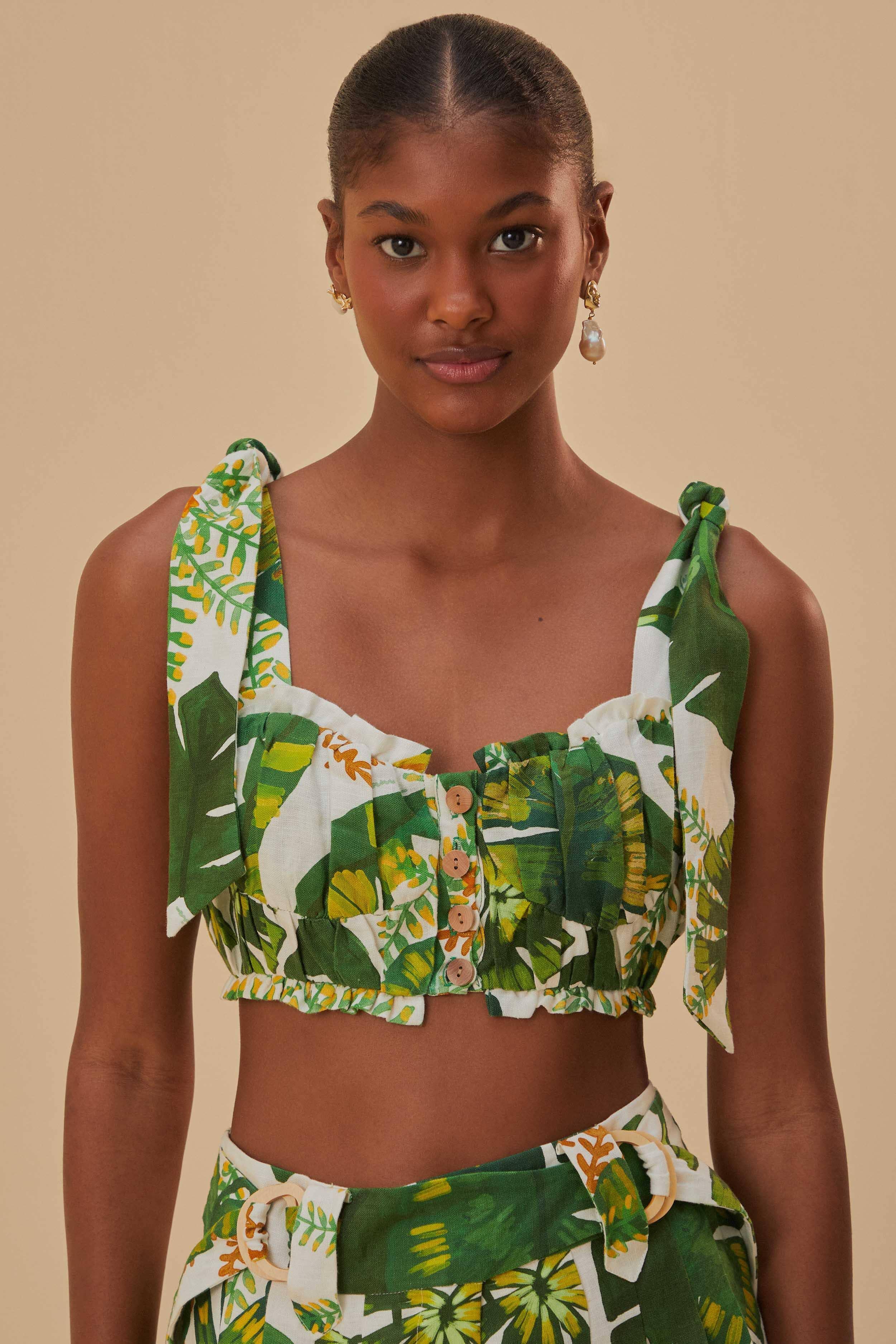 Tropical Forest Off-White Knot Sleeveless Crop Top Product Image