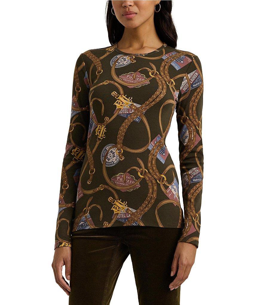 Lauren Ralph Lauren Petite Size Belting-Print Stretch Crew Neck Long Sleeve Tee Product Image