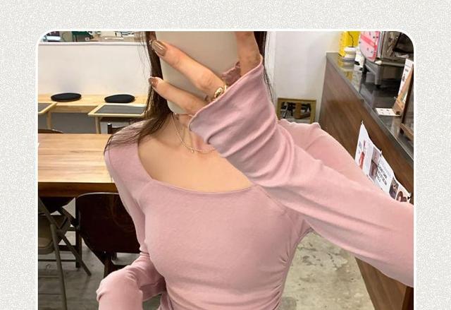 Long-Sleeve Square Neck Plain Lettuce Edge Slim Fit Tee Product Image