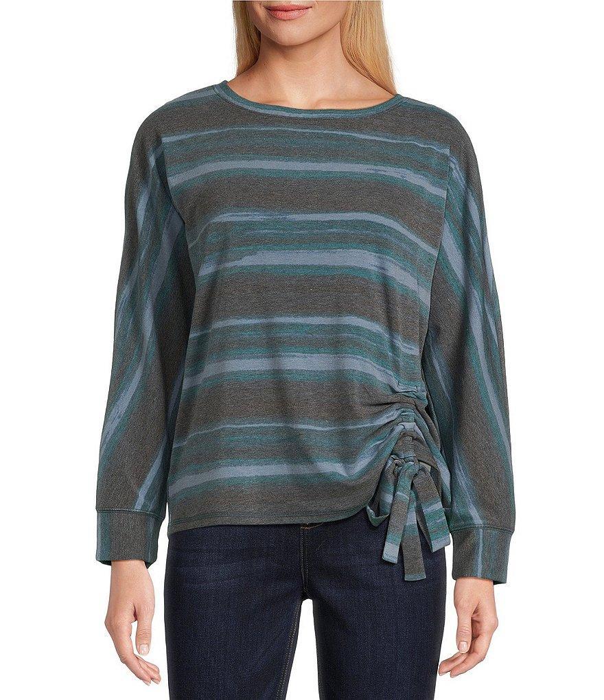 Westbound Knit Ocean Stripe Long Sleeve Crew Neck Ruched Shirt Product Image