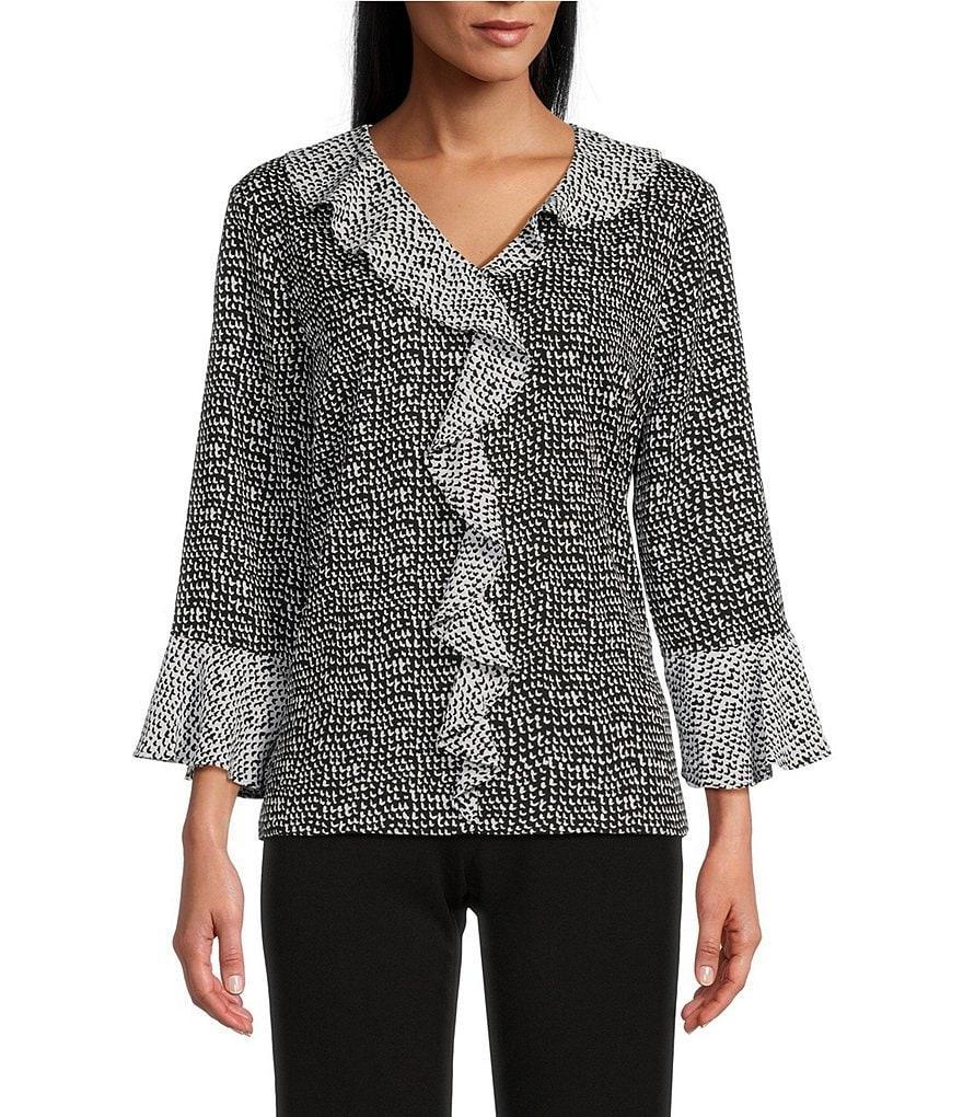 Investments Riley Woven Shadow Check Cascading Ruffled V-Neck 3/4 Sleeve Top Product Image