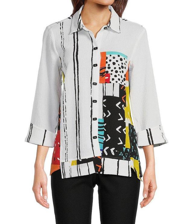 Ali Miles Petite Size Woven Crinkle Multi Abstract Print Point Collar 3/4 Sleeve Asymmetrical Hem Button-Front Tunic Product Image