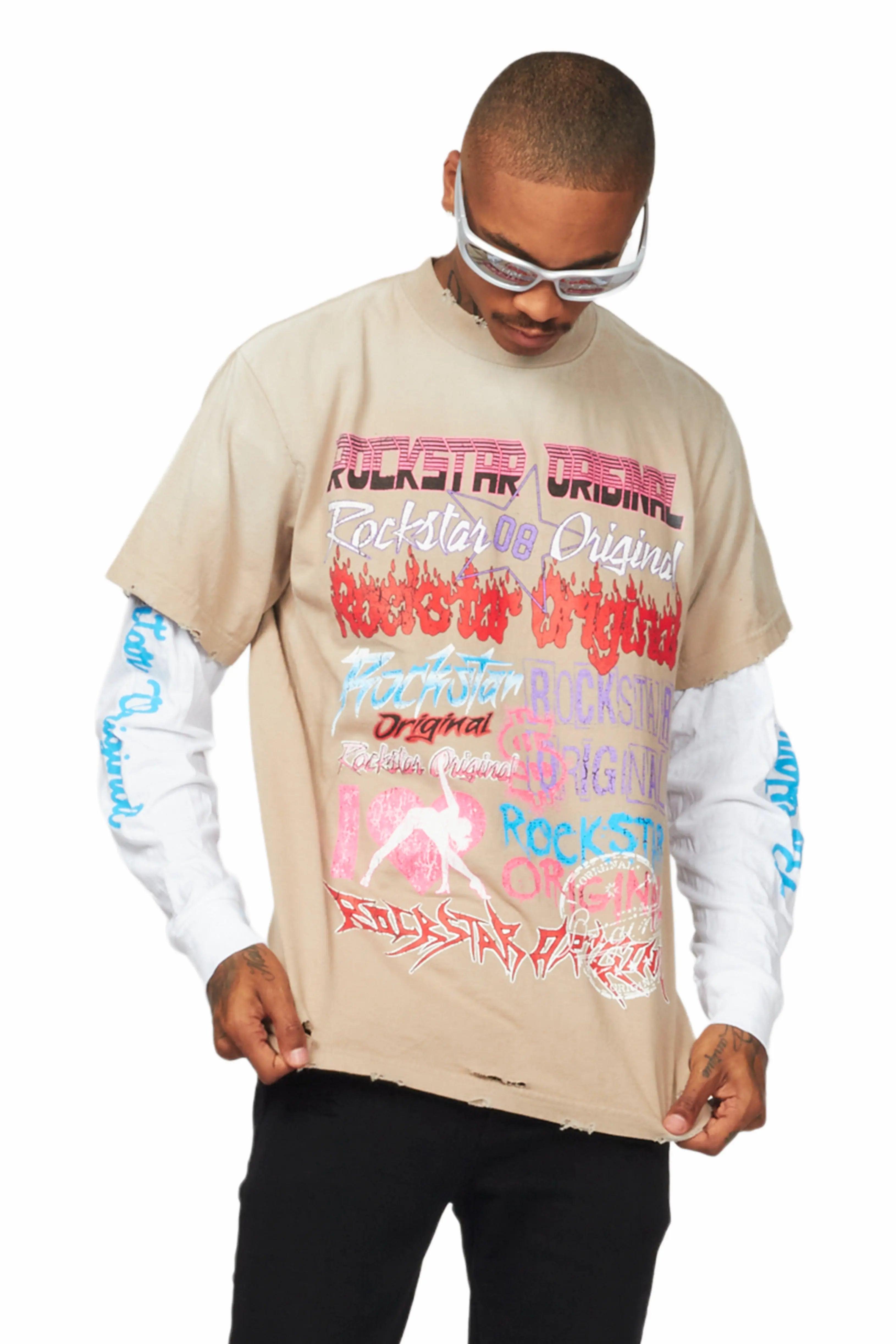 Floridabolous Beige/White Double Layer Long Sleeve Graphic T-Shirt Male Product Image