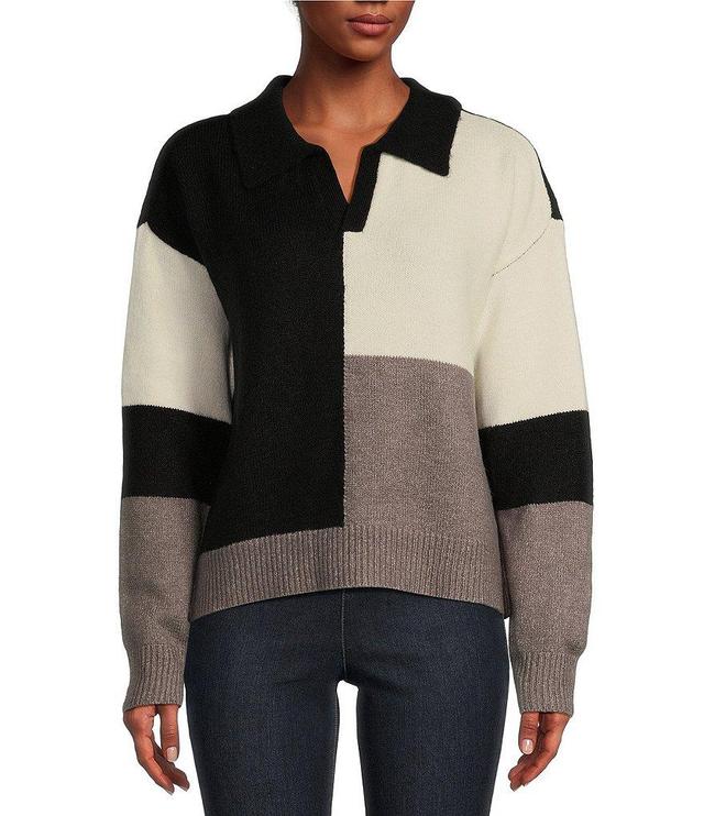 Takara Color Block Split V-Neck Collared Long Sleeve Pullover Sweater Product Image