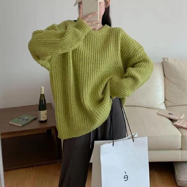 Round Neck Plain Chunky Knit Sweater Product Image