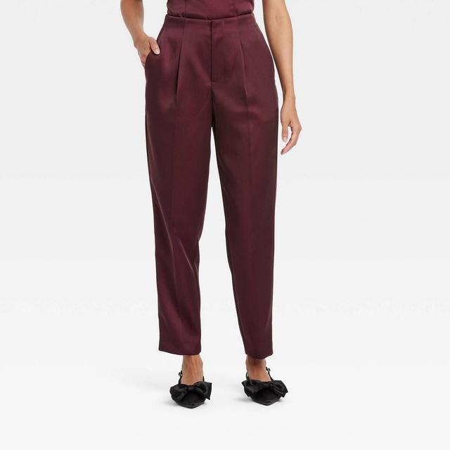 Womens Super-High Rise Tapered Ankle Tailored Satin Trousers - A New Day Burgundy 2 Product Image