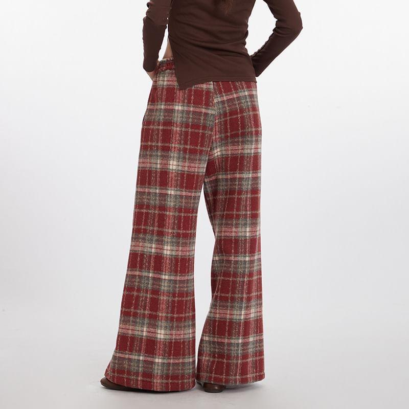 High Waist Lettering Print Plaid Loose-Fit Wide-Leg Pants Product Image