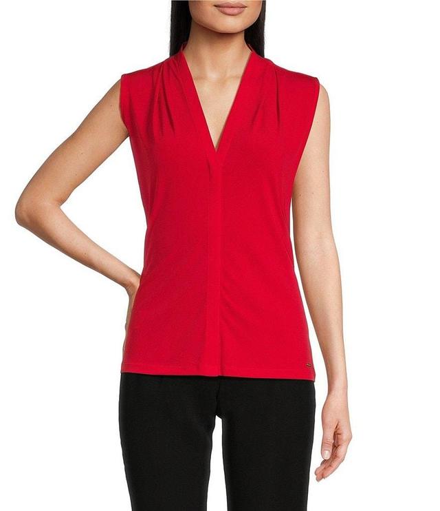 Calvin Klein Matte Jersey V-Neck Shoulder Pleat Sleeveless Top Product Image