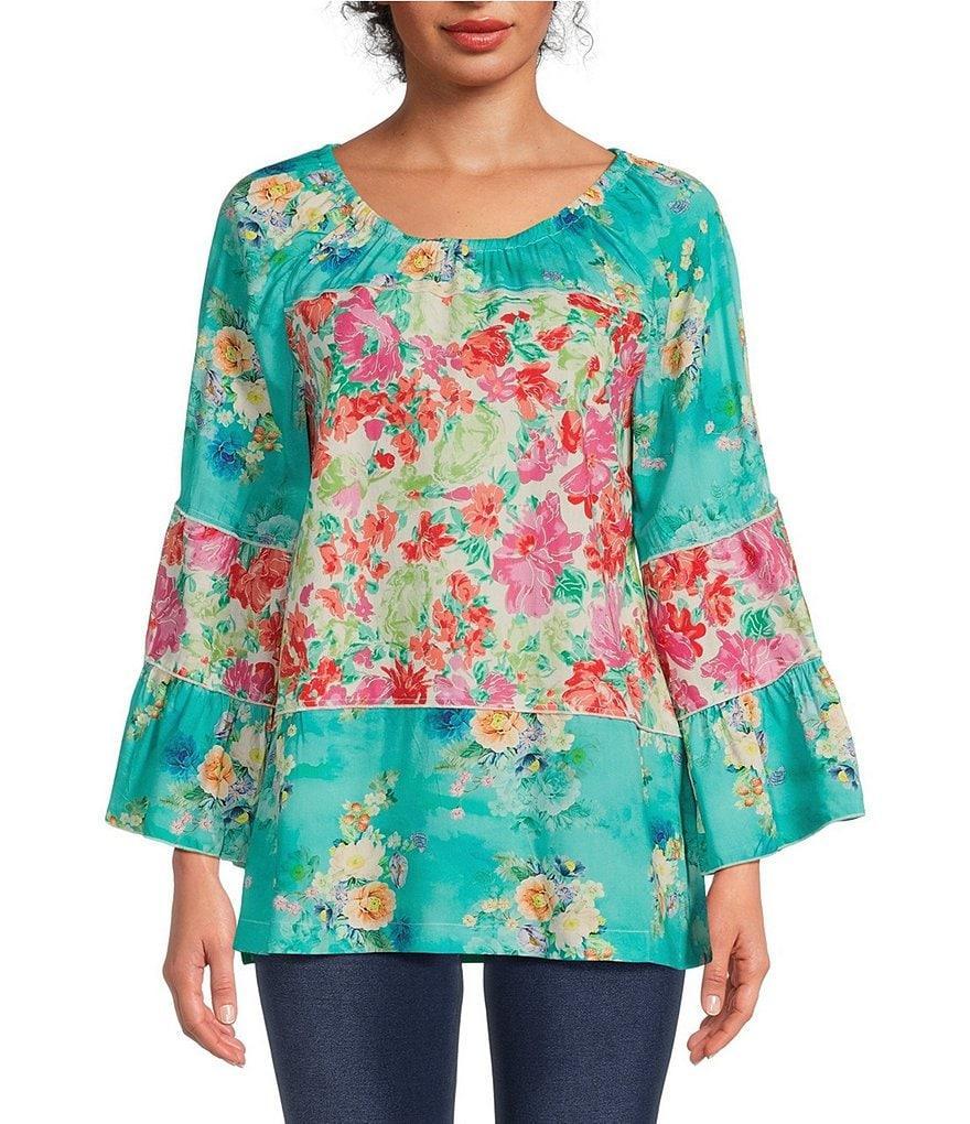 Calessa Garden Floral Print Scoop Neck 3/4 Sleeve Peasant Tunic Product Image