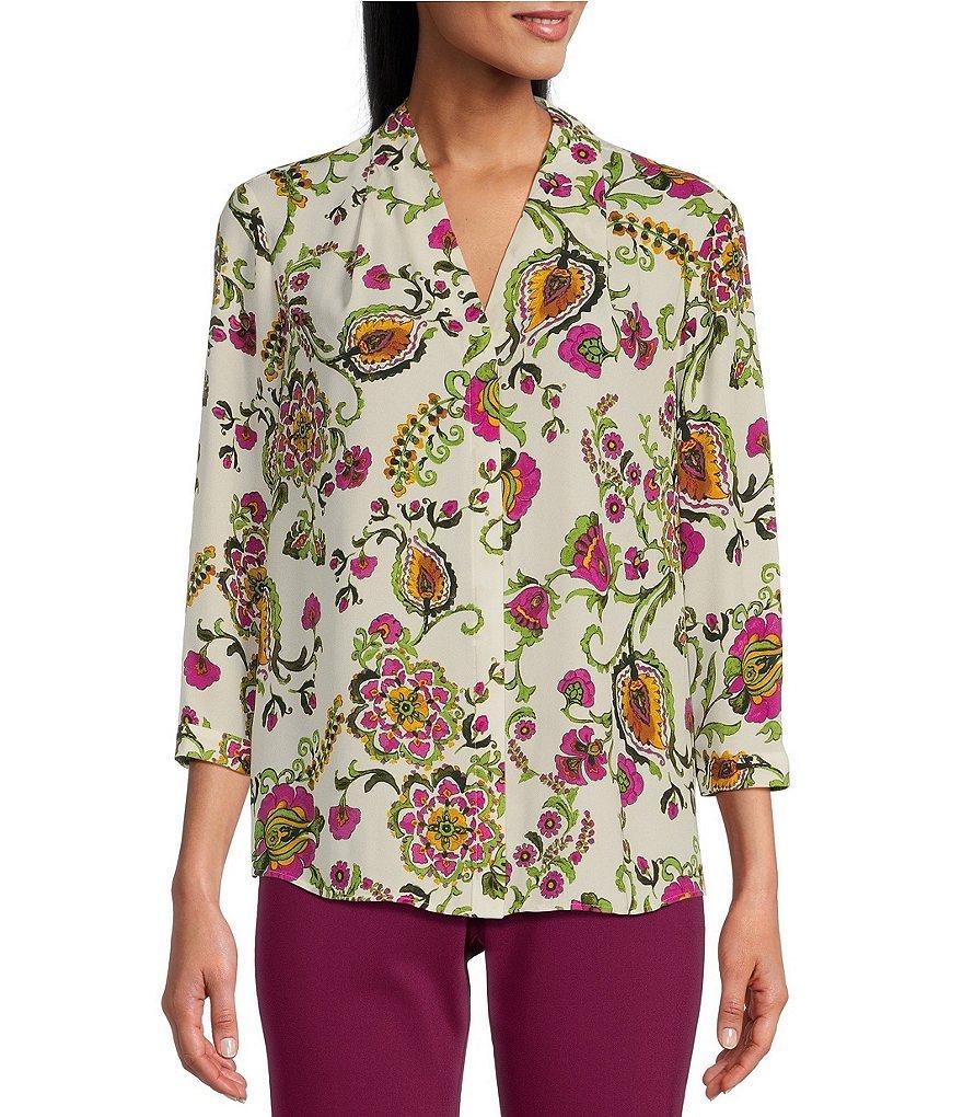 Investments Petite Size Caroline Signature Ornate Floral V-Neck 3/4 Sleeve Button Front Top Product Image