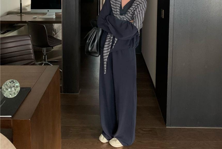 V-Neck Plain Oversized Sweatshirt / Mid Rise Plain Wide Leg Pants / Striped Scarf / Set Product Image