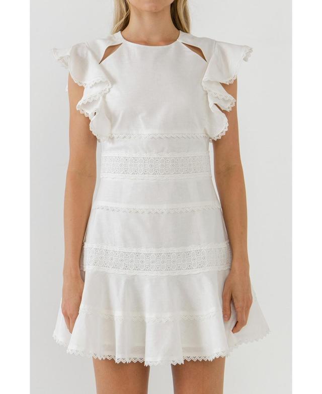 Womens Lace Trimmed Ruffle Sleeve Dress with Cutout Product Image