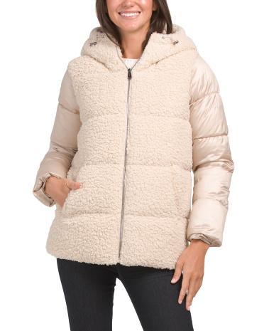 Mixed Media Faux Fur Puffer Jacket for Women Product Image