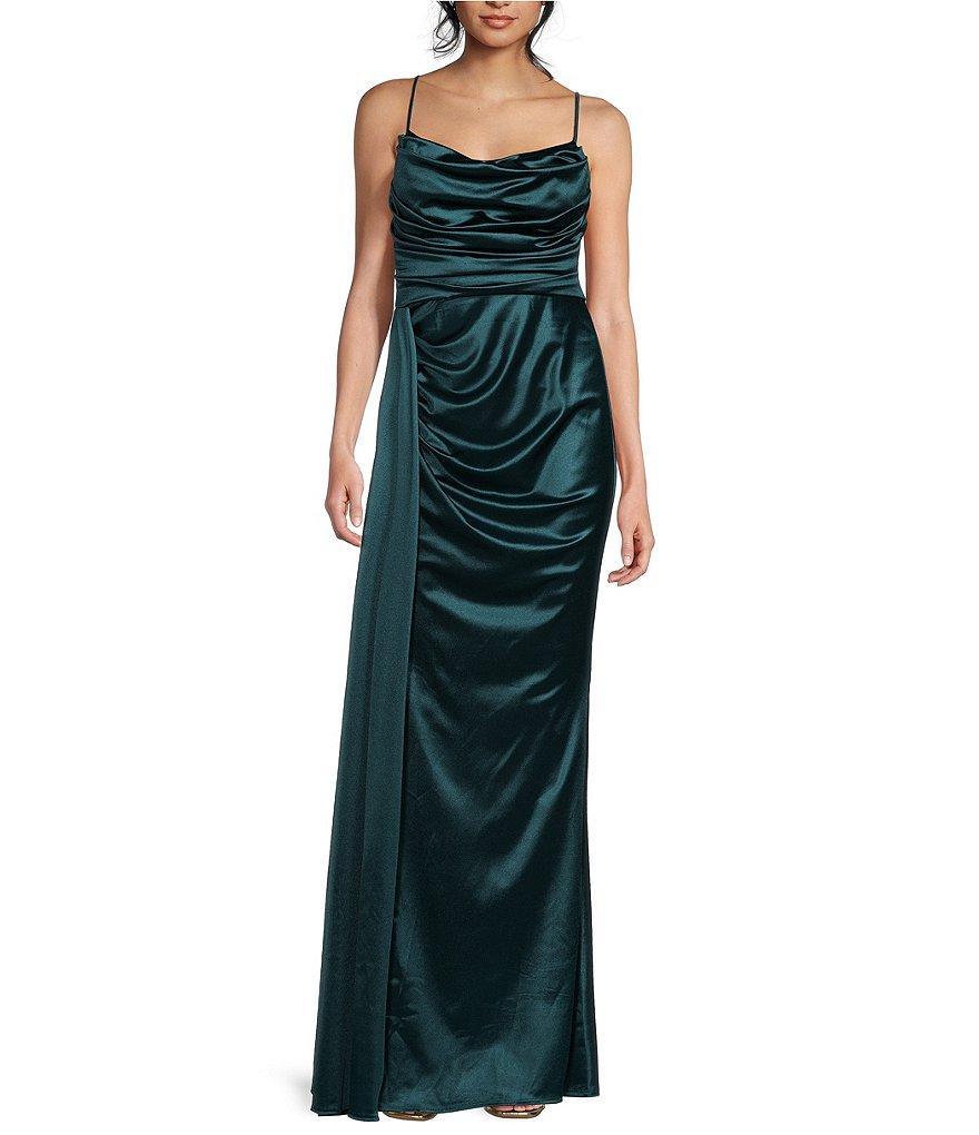 B. Darlin Satin Sweetheart Neckline Side Drape Long Dress Product Image